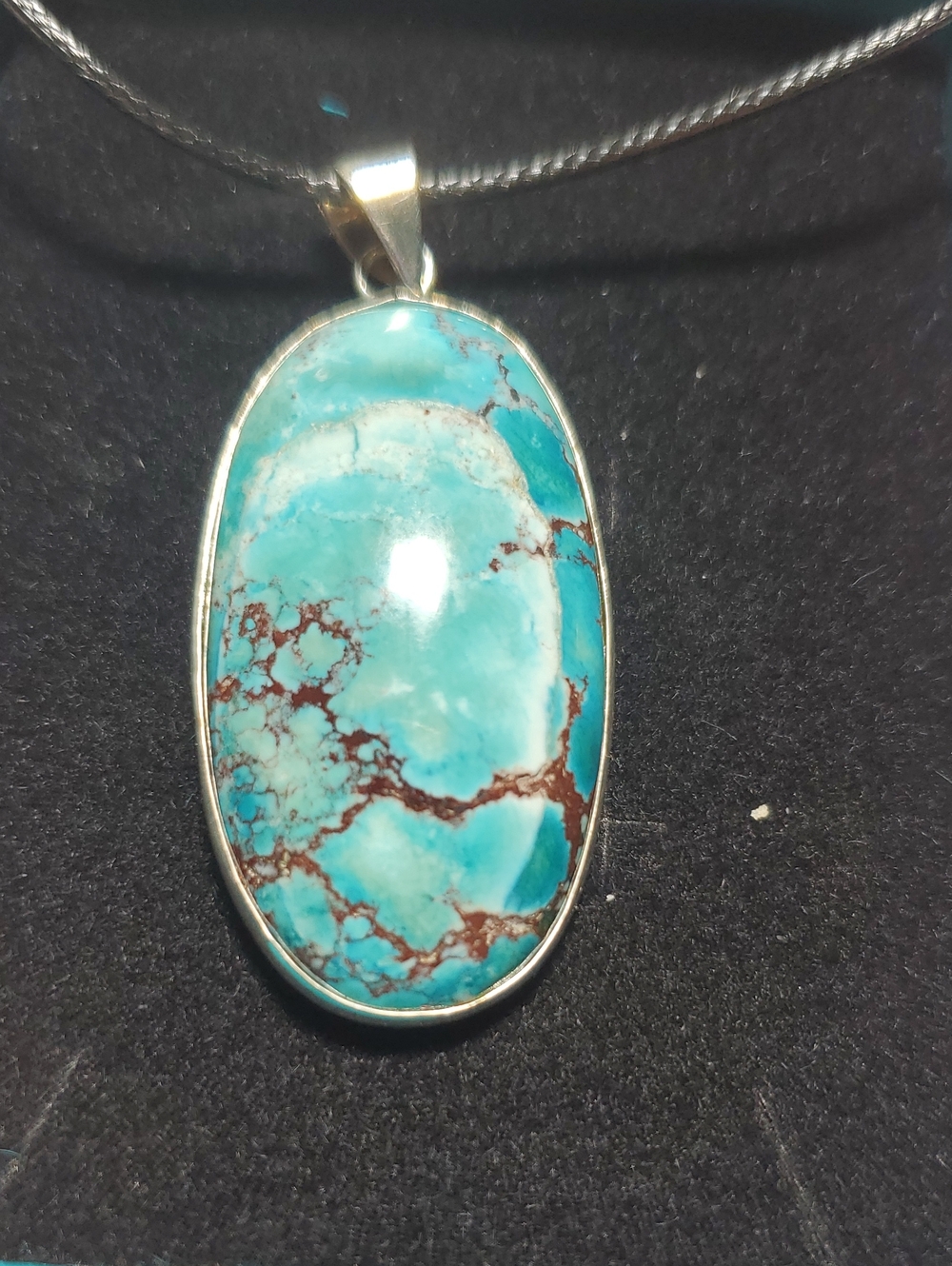 Turquoise Oval Stone Pendant Necklace - Blue Sterling Silver-Trim 925 0n Top